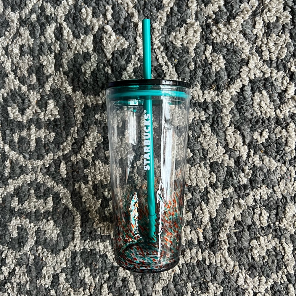 Starbucks Glass Tumbler with Teal and Orange Design